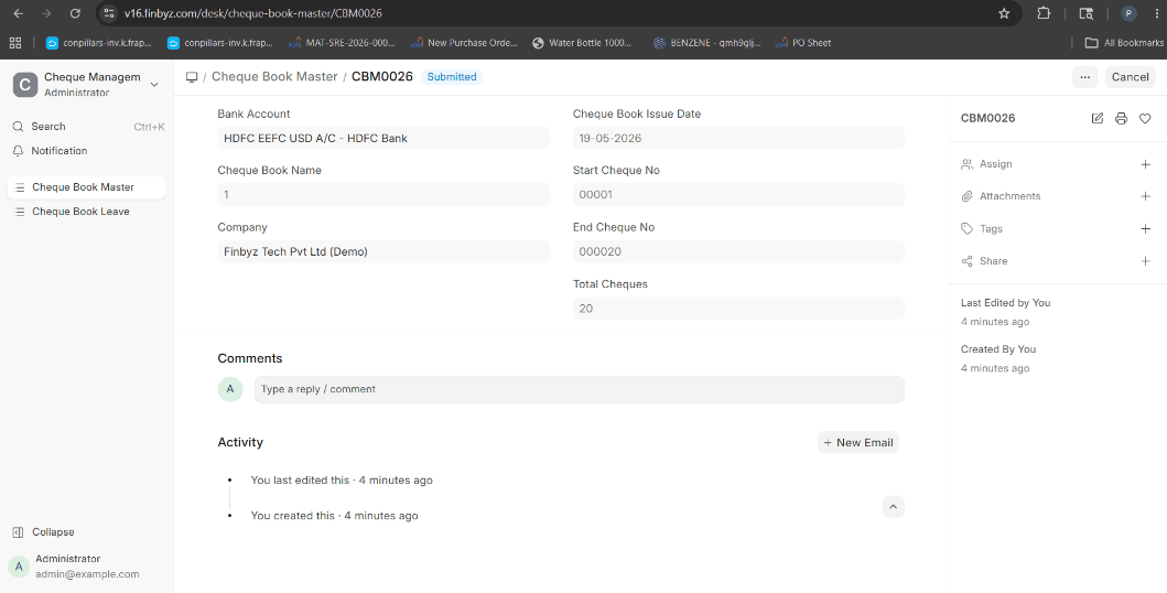 Cheque Book Management interface showing cheque book creation and management in ERPNext