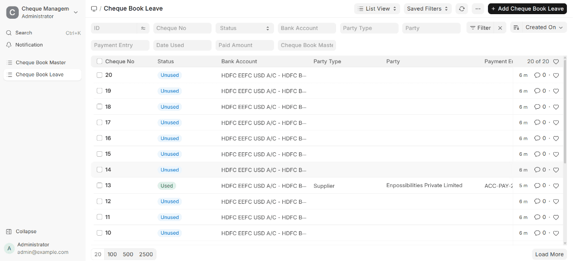 Cheque Leaf Tracking interface showing cheque status management in ERPNext