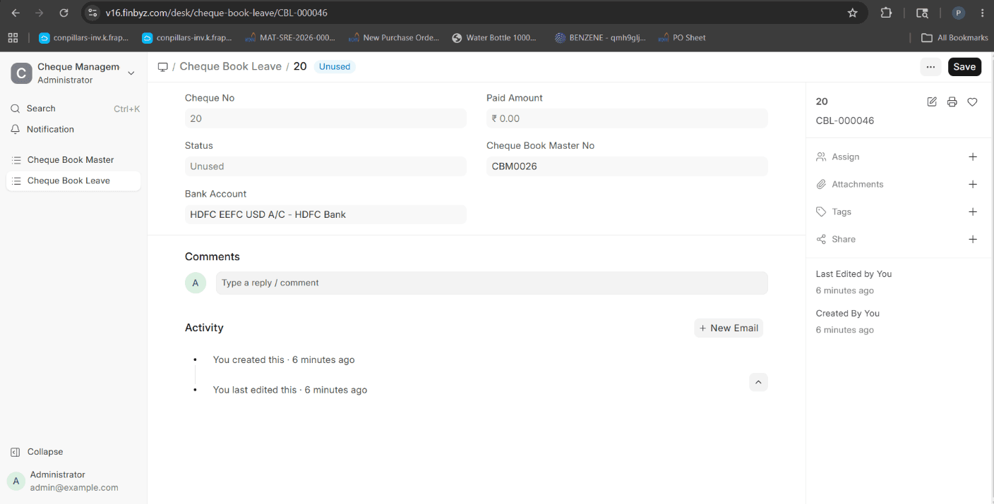 Cheque tracking details showing payment entry linkage and usage records