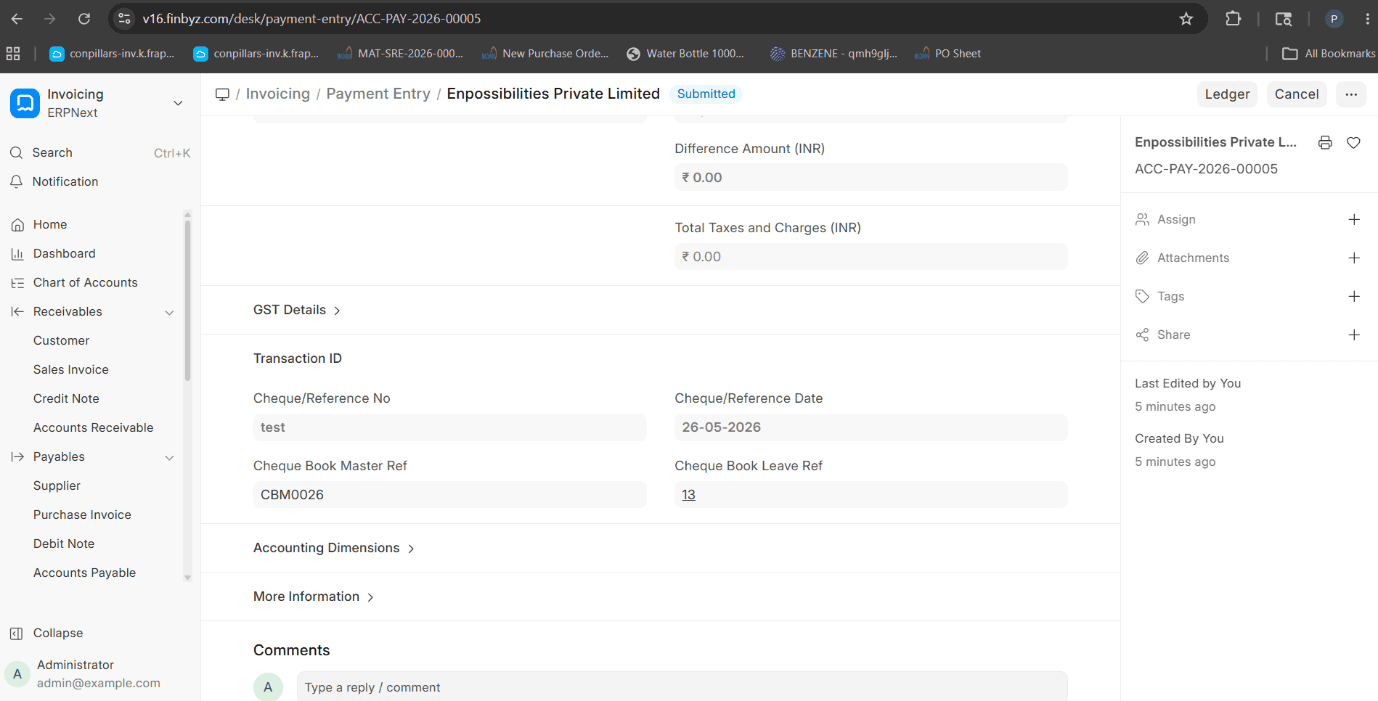 Payment Entry Validation showing automatic cheque validation during payment processing