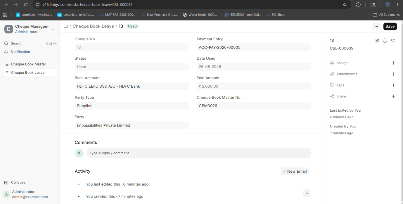 Audit and Compliance dashboard showing cheque usage and tracking history