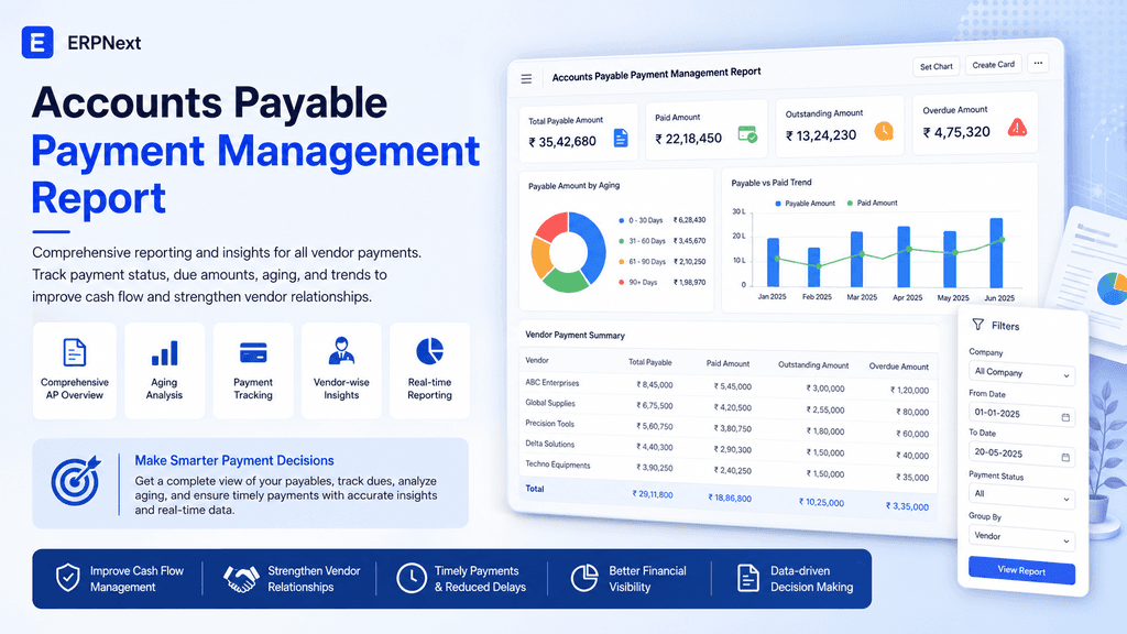 Illustration representing the Accounts Payable with Payment Management Report in ERPNext, showing a dashboard with payment management features