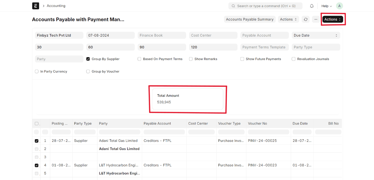Selected invoices in the report with total amount displayed in the number card and Actions button visible