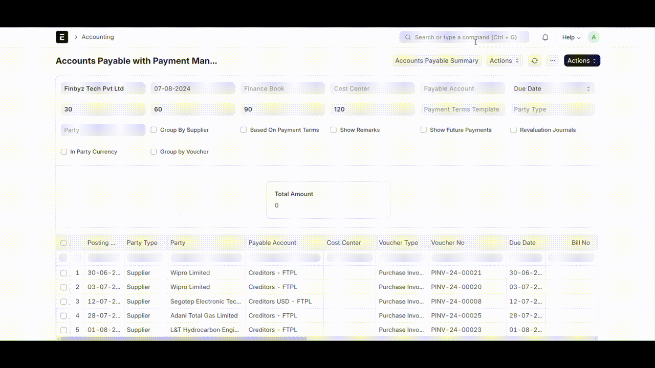 Searching for and accessing the Accounts Payable with Payment Management Report in ERPNext