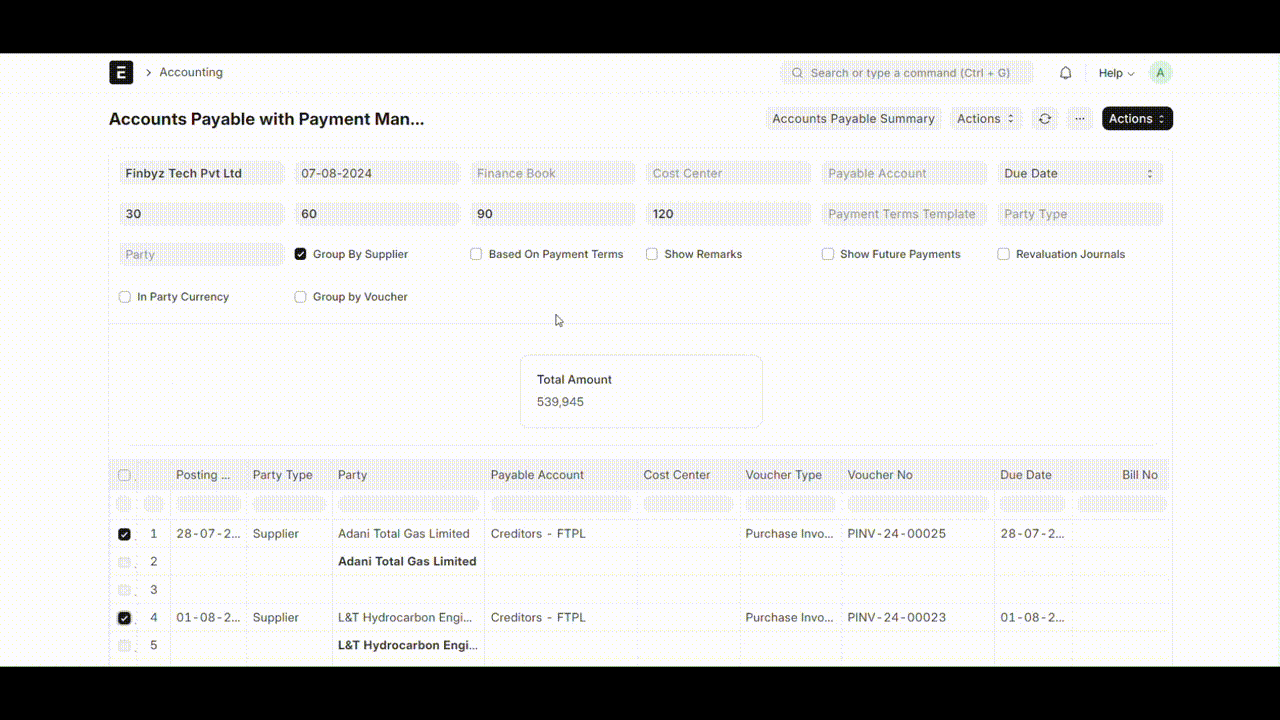 Action button menu showing Create Payment Entry option in the Accounts Payable report