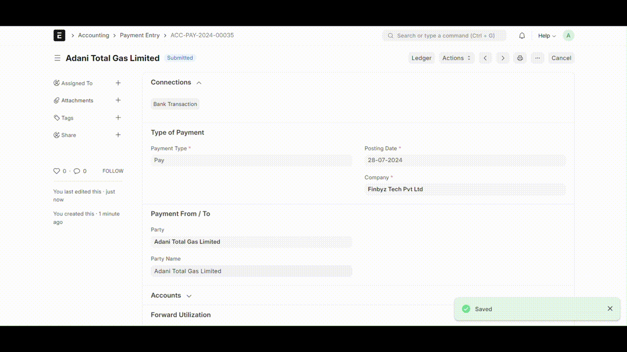 Payment entry created successfully with link to navigate to the payment entry document